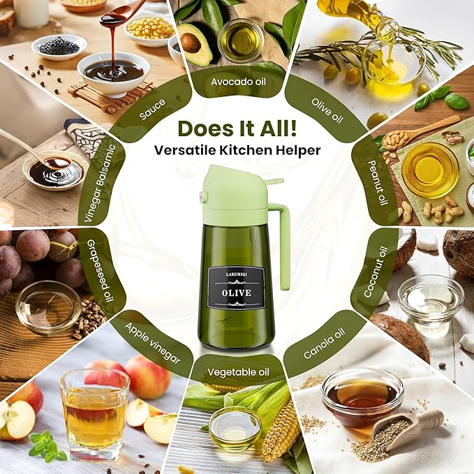 2 in 1 Oil Sprayer for Cooking, 16oz Olive Oil Dispenser Bottle for Kitchen, Food Grade Light-Blocking Leak Proof Glass Spray Bottle for Salad, Air Fryer, BBQ