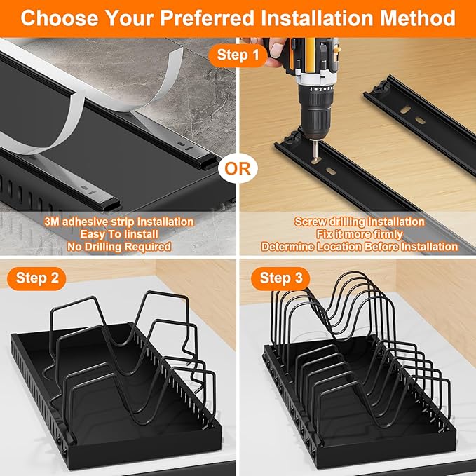 Pots and Pans Organizer for under Cabinet Pull Out Cabinet Organizer Sliding Pot and Pan Organizer in Kitchen, Cabinet Pull Out Shelves, for Pots, Lids and Pan Organizer with Two Types of Shelves