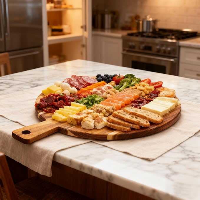 Large Acacia Wood Cutting Board with Handle 17''X13'', Charcuterie Board, Serving Board, Chopping Board for Meat, Cheese, Bread, Vegetables & Fruits (Round)