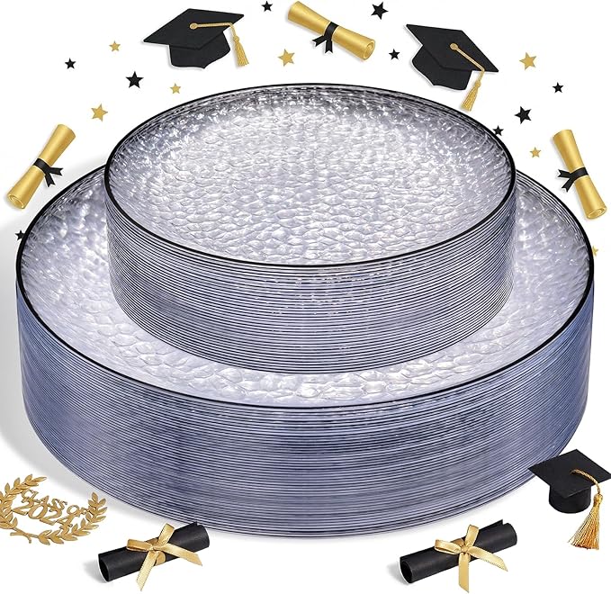 Rubtlamp 60Pcs Black Plastic Plates, Black Heavy Duty Graduation Plastic Plates, Clear Disposable Party Plates, Hammered Fancy Plates Include 30 Dinner Plates, 30 Salad Plates For Graduation Party