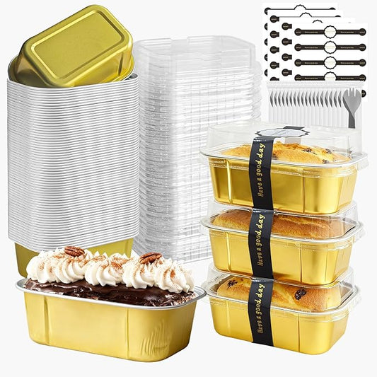 Mini Cake Pans With Lids And Spoons,5.5 oz Rectangle Mini individual Loaf Pans Disposable Aluminum Foil Small Baking Cups Tins (100, Gold)