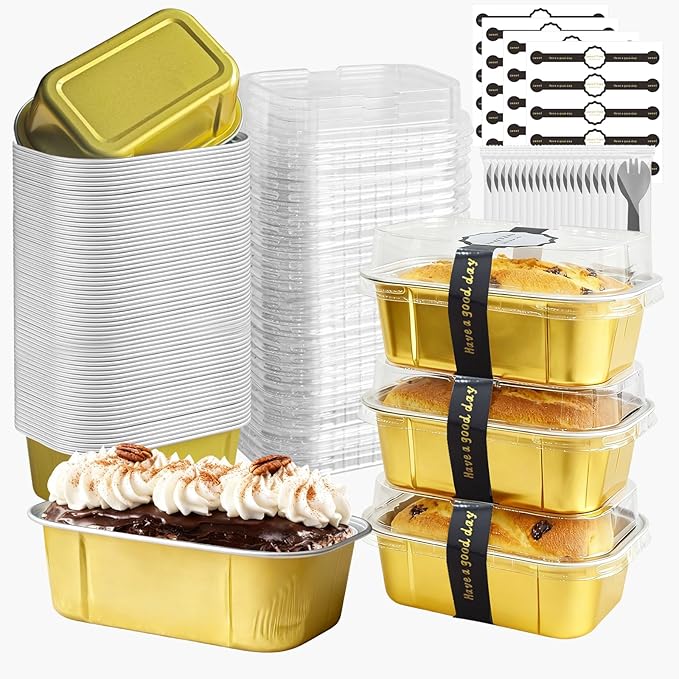 mini loaf pans with lids and spoons 50 Pack,5.5 oz Rectangle mini individual cake tins Disposable Small Aluminum Foil Baking pans(50, Gold)