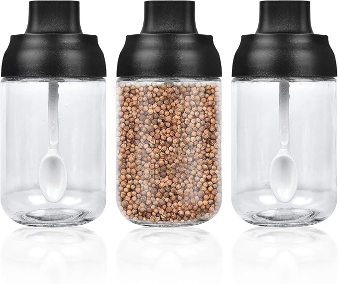Supkiir Spice Containers Glass, 3Pcs Kitchen Glass Condiment Containers with Lids 8 oz Spice Jars, Small Spoons for Spice Jars Moisture-Proof Seasonings Container Set for Storage Spices