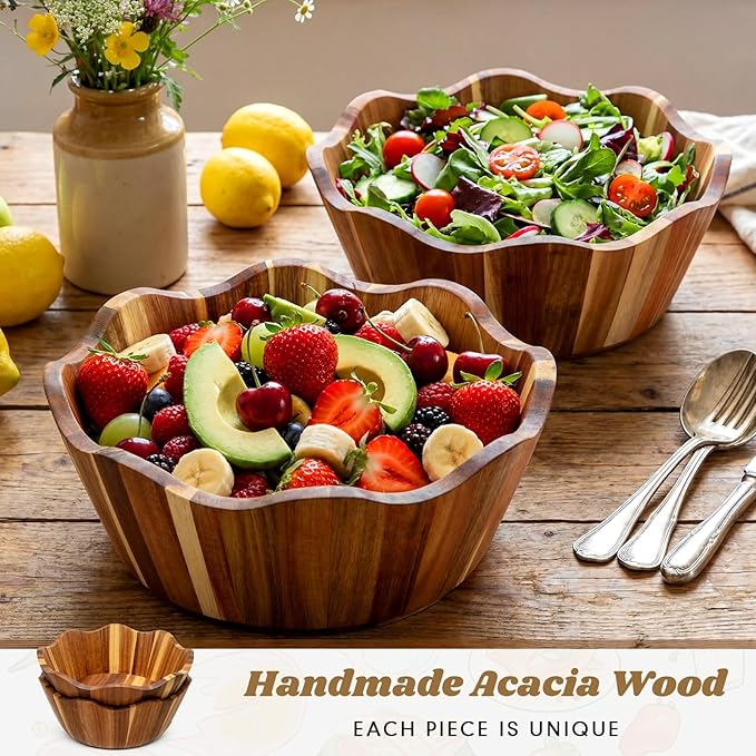 2 Pcs Scalloped Decorative Wooden Bowl 12 Inch Acacia Wood Fruit & Serving Bowl Handcrafted Rustic Decorative Bowls for Fruit, Salad, Snacks and Home Kitchen Counter Decor Wedding Decor