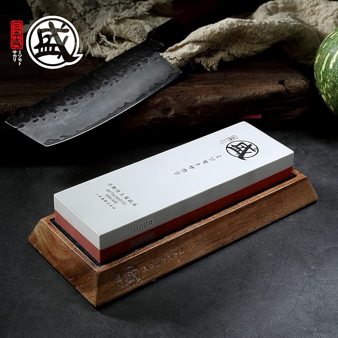 MITSUMOTO SAKARI Japanese Knife Sharpening Stone, Professional Double-Sided Whetstone 1000/3000 Grit, Kitchen Knife Sharpener Stones with Non-Slip Wooden Seat