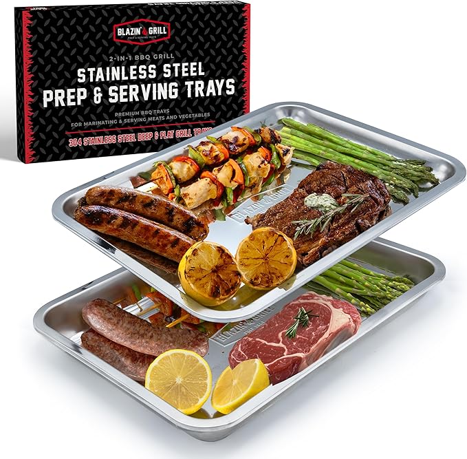 AVIEUS Grill Prep and Serving Trays | Set of 2 Stackable Stainless Steel Trays | Trays for Marinating, Serving & Chopping | Serving Platter for Plating Food & BBQ Prep Tub | Grilling Accessories
