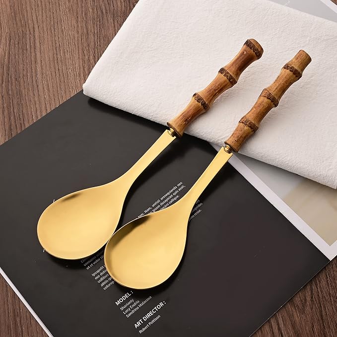 Serving Spoons Set of 2, 10.0" Stainless Steel Serving Spoons with Natural Bamboo Handle, Gold Large Serving Utensils of Spoons, Big Ladle for Buffet, Party, Banquet, Kitchen, Tablespoons Flatware