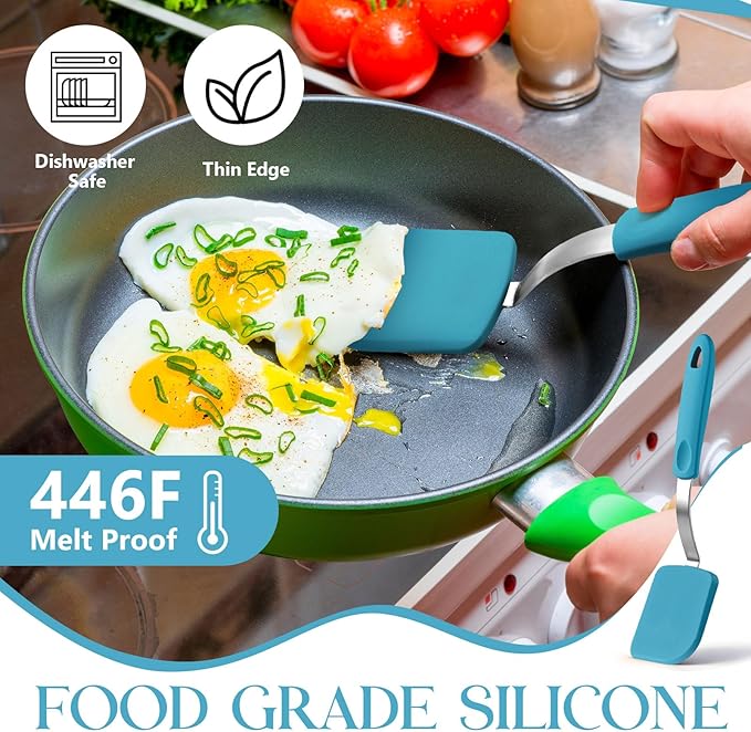 Silicone Cookie Spatula Turner 2 Pack Mini Brownie Spatula Flexible Kitchen Small Silicone Turner for Nonstick Cookware Heat Resistant No Scratch Flipper for Egg Pancake(Light Blue)