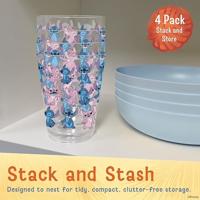 Disney Reusable Plastic Cups – 4 Pack 16 oz Plastic Drinking Glasses with Mickey, Stitch, Pooh, or Disney100 Designs – BPA-Free, Stackable, Top Rack Dishwasher Safe Tumblers for Water, Juice & More