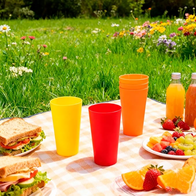 32 oz Large Plastic Cups Reusable, Big Drinking Cups for Kitchen, Stackable Water Tumblers, BPA-free, Dishwasher Safe, Unbreakable Bright Colors set of 12 Indoor Outdoor Use