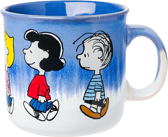 Silver Buffalo Peanuts Reactive Glaze Ceramic Camper Mug Featuring Charlie Brown, Lucy, Sally, Woodstock, and Linus, 20 Ounces