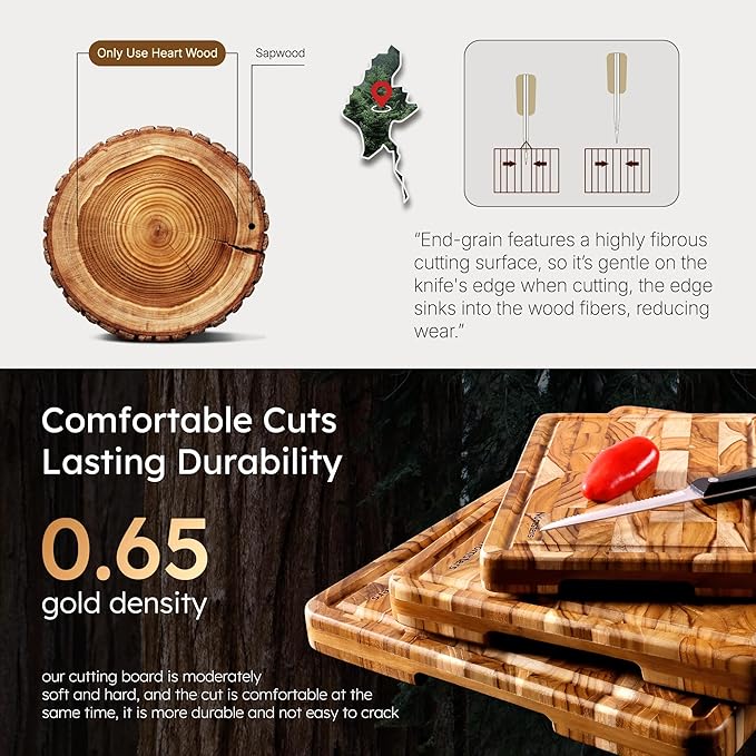 Teak Wood End Grain Cutting Board Set of 2 with Non-slip Feet, Reversible Cutting Boards for Kitchen with Juice Grooves and Handles Non Toxic Chopping Board Butcher Block Serving Tray Kitchen Gift