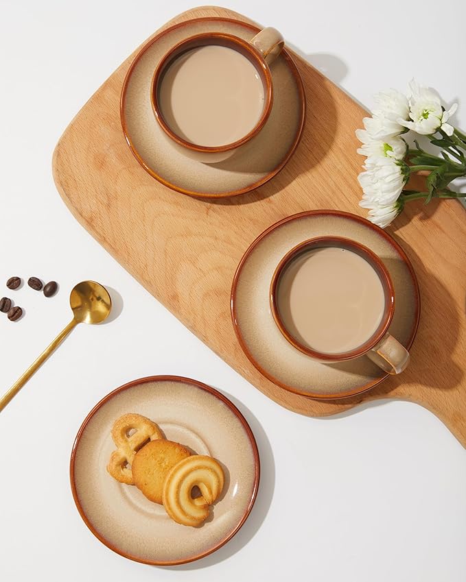 Stoneware Coffee Cups with Saucers, 6 Oz Cappuccino Cups Set of 4, Microwave & Dishwasher Safe, Perfect For Tea, Espresso, Latte, Ceramic Mugs for Kitchen or Cafe, Brown Yellow