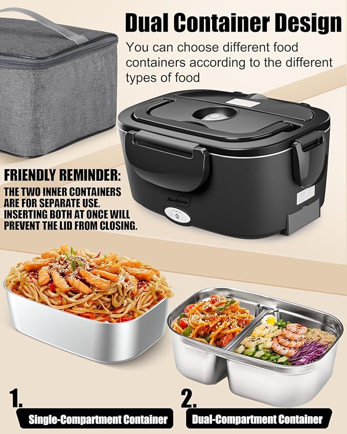 Buddew Electric Lunch Box for Adults, 80W Heated Lunch Box with Dual 1.5L Stainless Steel Portable Food Warmer,12/24/110V Lonchera Electrica Portatil for Travel&Work, Loncheras para Hombres de Trabajo