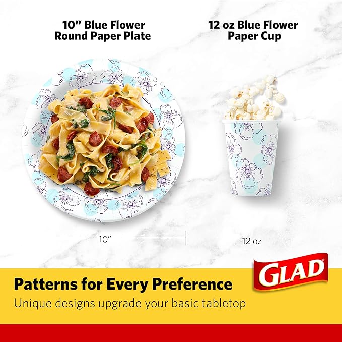 Glad Round Disposable Paper Plates, Blue Flower Design, Heavy Duty Soak Proof Cut Resistant Microwave Safe Plates for Meals, Parties, Picnics, and Events, 10 Inch, 50 Count - 12 Pack