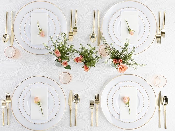 PLASTICPRO 128 Piece Combo Plastic Dinner Plates Disposable Plastic Fancy Heavy Duty Party Dishes 7 inch and 10 inch, White and Gold Beaded