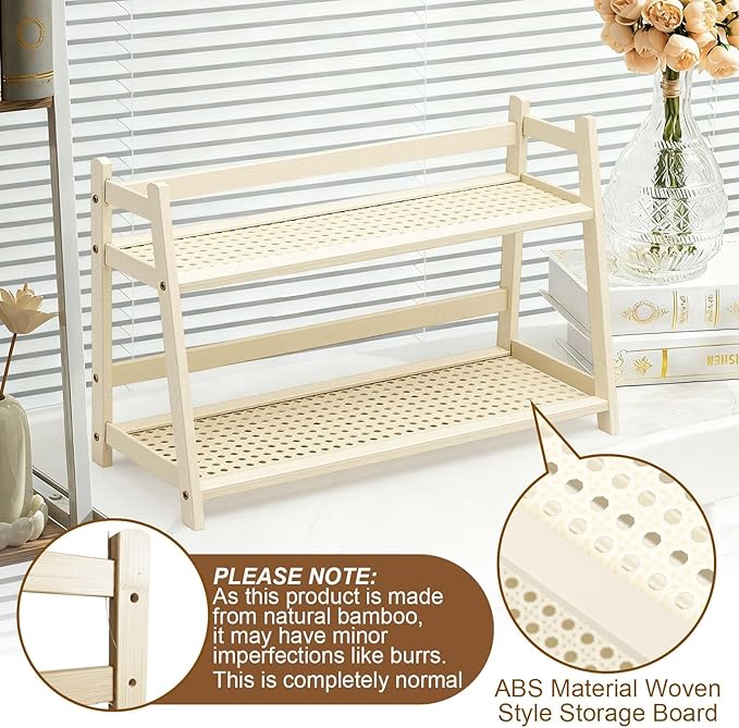 1 Pcs 2 Tier Matcha Station Shelf Bamboo Coffee Mug Stand Countertop Storage Rack, Double Layer Rattan Office Cup, Kitchen, Tea, Plant, Bar Accessories Condiment Display (White,17.7 Inch)