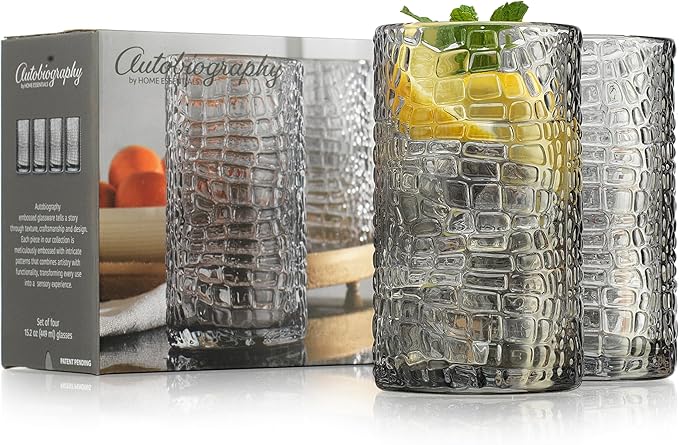 Glaver's Highball Glasses Set of 4 Smoke Drinking Glasses, 15 Ounce Crackle Textured Newly Designed Patent Glassware Heavy Bar Home Party Decor Black Kitchen Glasses, Water Juice Cocktails