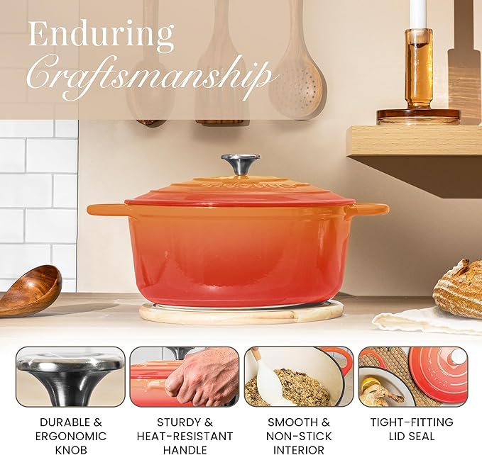 Cast Iron Pot with Lid – Non-Stick Ovenproof Enamelled Casserole Pot, Oven Safe up to 500° F – Sturdy Dutch Oven Cookware – Orange, 5-Quart, 24cm – by Nuovva