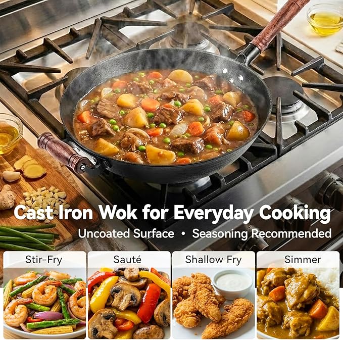 WANGYUANJI Cast Iron Wok,14.1 inch Flat Bottom Wok with Glass Lid,Suitable for All Cooktops, Uncoated Craft Pot Healthy Cooking Pot