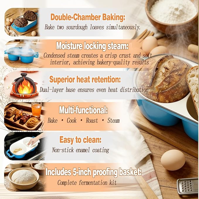 DIY Double Dutch Oven for Sourdough Bread Baking – Enamel Cast Iron Bread Baker with Lid, Bake Two Different Loaves at Once, 500°F Oven Safe, Includes 2×5" Banneton Proofing Baskets