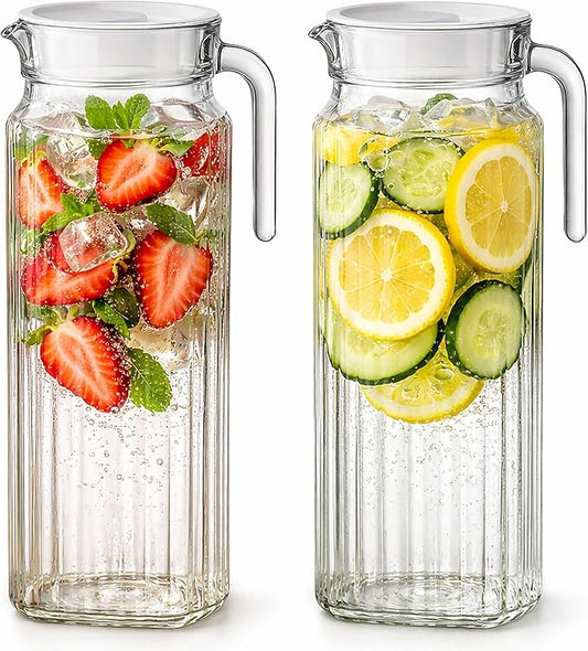 Glass Pitcher with Lid – 2 Pack 34 oz Glass Water Pitcher with Handle, Ribbed Glass Container with Lid and Vented Spout for Fridge Shelf, Iced Tea, Lemonade, Juice