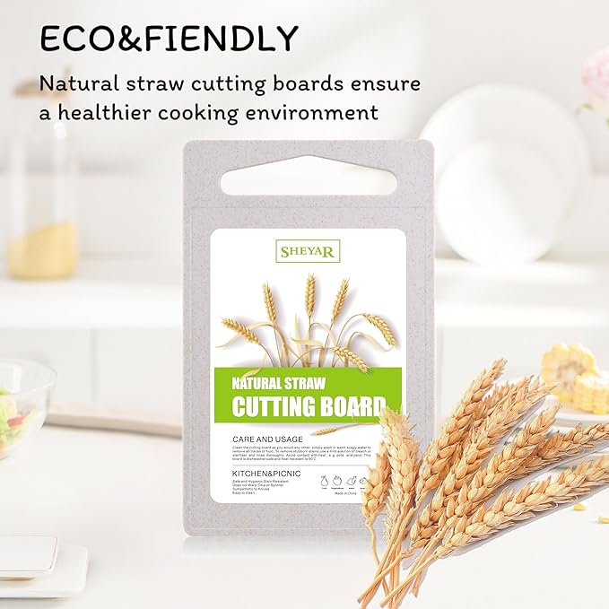2PCS Cutting Board for Kitchen, Wheat Straw Fiber Cutting Board, Dish Washer Safe, w/Juice Grooves for Meat, Veggies, Easy Grip Handle, Non-slip Surface, Eco-friendly（XS+M）