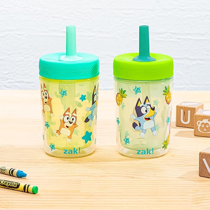 Zak Designs Bluey Capri Toddler Tumblers For Travel or At Home, 9oz 2-Pack Double Wall Plastic Sippy Cups With Leak-Proof Design is Perfect For Kids (Bluey, Bingo)