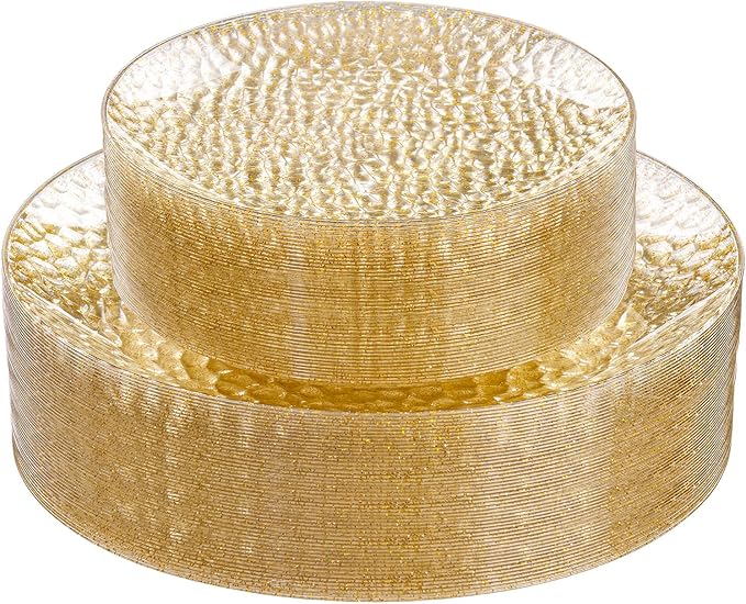 Rubtlamp 60Pcs Gold Glitter Plastic Plates, Heavy Duty Glitter Disposable Plates with Hammered Design, Include 30 Dinner Plates and 30 Salad Plates for Spring, Easter, Weddings and Parties