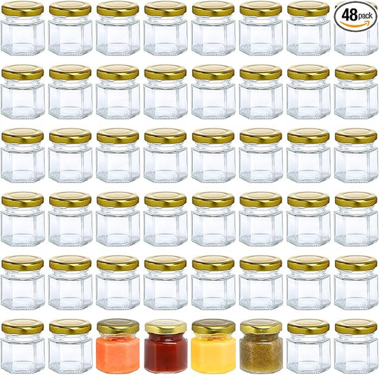 48 Pack 1.5oz Hexagon Glass Jars with Gold Lids, Mini Honey Jars, Small Spice Jars, Jam Jars for Gifts and Wedding Favors