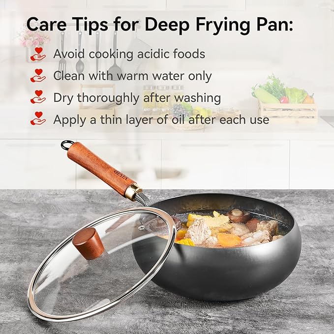 Carbon Steel Wok Pan with Lid, 9.4 Inch Big Belly Flat Bottom Wok, Coating-Free Stir Fry Pan for Gas, Electric, Ceramic & Induction, 3.5 QT Compact Wok for 1–3 Servings