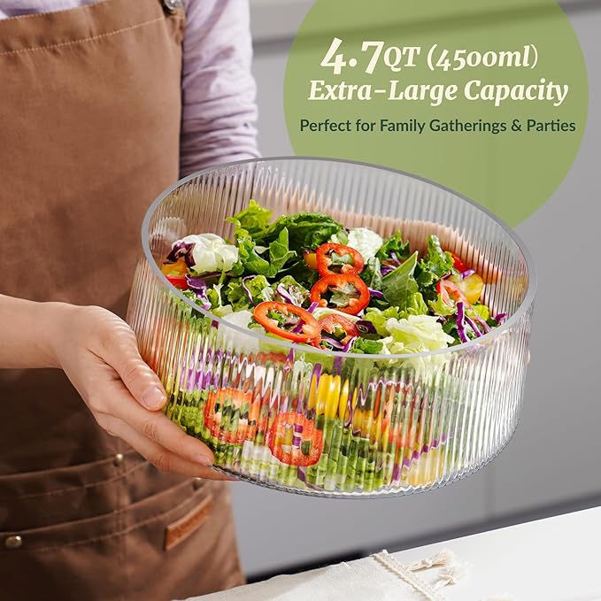 NiHome Extra Large Glass Salad Bowl with Natural Acacia Wood Base, Ribbed Design Oversized Capacity for Family Dinners, Parties, Multipurpose for Serving Salads, Fruits, Wine(Separate-Piece Design)