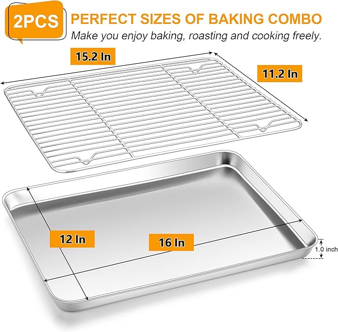 Homikit Baking Sheet with Wire Rack (1 Pan + 1 Rack), 16"x12" Stainless Steel Cookie Sheets for Baking, Metal Baking Tray Jelly Roll Pan with Cooling Rack for Oven Roasting, Nonstick & Dishwasher Safe