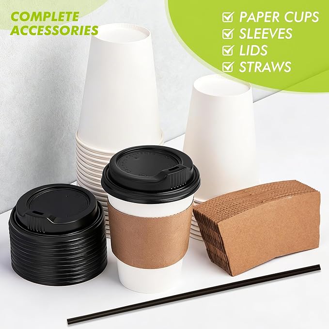 12 oz 50 Pack Disposable Paper Coffee Cups with Lids, Sleeves and Straws, Disposable Hot Cups for Coffee, Tea, Cocoa, Water