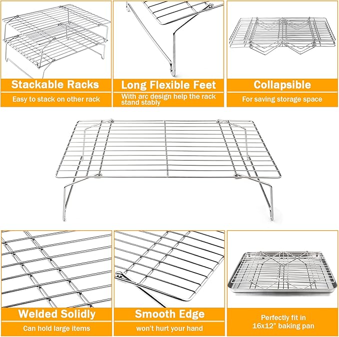TeamFar Cooling Rack, 5-Tiers Stainless Steel Baking Cooling Wire Rack for Baking Roasting Cooking, Healthy & Firmly Weld, Stackable & Collapsible, Dishwasher Safe, 15”x10”