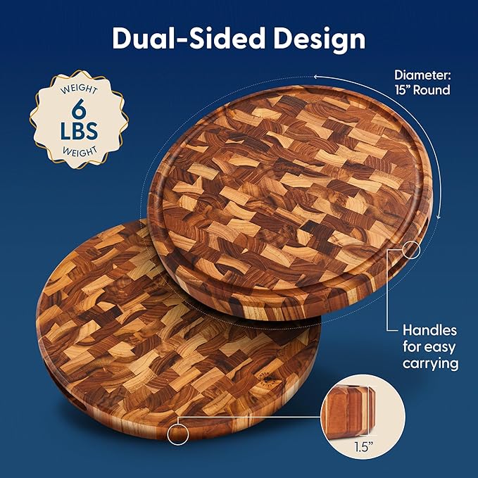 Sonder Los Angeles Vincent Round Cutting Board | Teak End Grain Cutting Board for Kitchen with Juice Groove | Perfect for Pizza & Charcuterie | Gift Box Included | 15x15x1.5 in