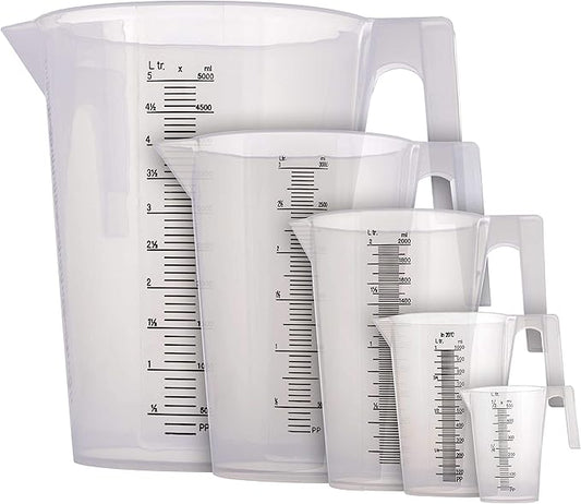 TCP Global 5 Piece Set of Plastic Graduated Measuring and Mixing Pitchers - 500, 1000 Quart, 2000, 3000, 5000 ml Gallon Sizes - Pouring Cups, Measure & Mix Paint, Resin, Epoxy, Kitchen Cooking Baking