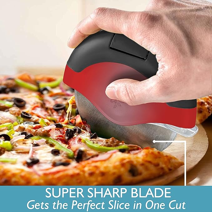 Red Pizza Cutter Wheel with Protective Blade Cover, improved, Super Sharp, Easy To Use and Clean, Slicer, Ergonomic Rubberized Grip, heavy dutty, Stainless Steel, Dishwater Safe