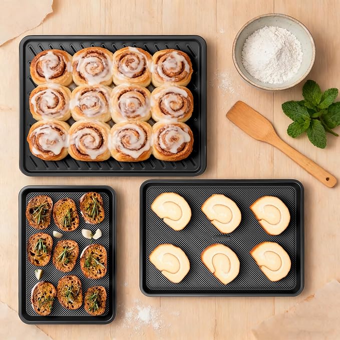 Cookie Sheets for Baking with Cooling Rack Set of 4, 0.8mm Thick Nonstick Baking Sheets for Oven, Half/Quarter/Jelly Roll Pans Oven Trays, Heavy Duty Baking Pan Set with Diamond Texture