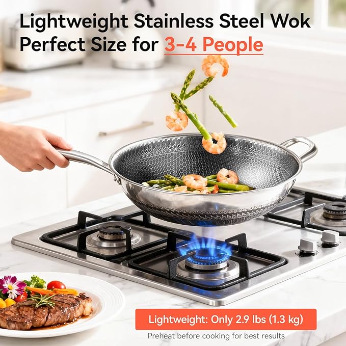 WANGYUANJI Stainless Steel Wok Pan with Lid, 12.6 Inch Honeycomb Hybrid Nonstick Stir Fry Pan, Tri-Ply Clad Skillet for Induction Electric Gas Stove, Dishwasher Safe, No Seasoning Needed (Serves 3-4)