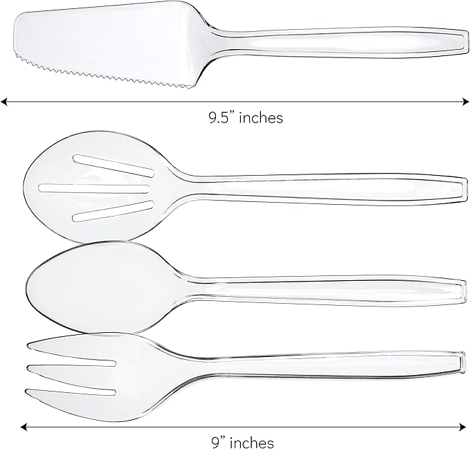 Plasticpro Disposable Plastic Serving Utensils Set of 12, 3 Spoons, 3 Forks 3 Knives, 3 Sifting Spoons, Clear Heavyweight