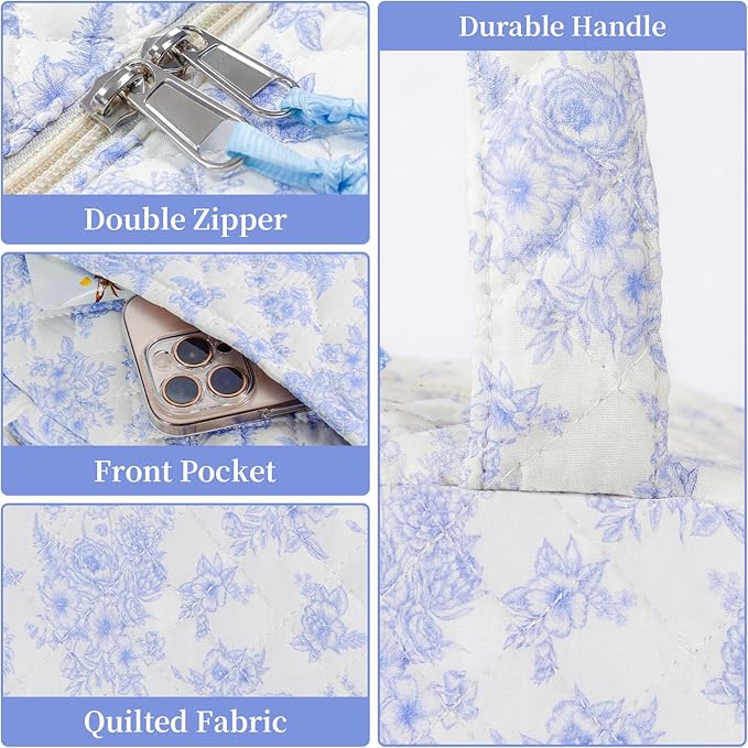 Quilted Lunch Box for Women,Coquette Aesthetic Lunch Box for Teen Girls,Cute Floral Lunch Bags for Work, School,Office,Picnic,Travel (Elegant Blue Floral)