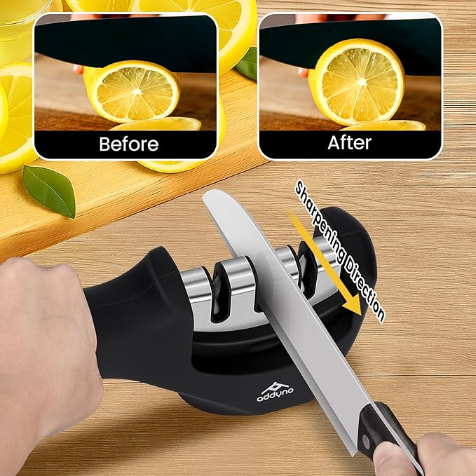 Knife Sharpener with Angle Guide, Adjustable Edge,3-Stage Coarse–Sharpen–Fine, Non-Slip Base & Ergonomic Handle for Kitchen Knives