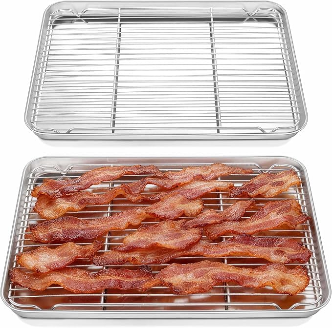 Homikit Baking Sheet with Rack Set (2 Pans+2 Racks), 18x13 Inches Stainless Steel Half Cookie Sheets with Cooling Racks Non Toxic, Large Bacon Crisp Trays for Oven Baking Cooking, Dishwasher Safe