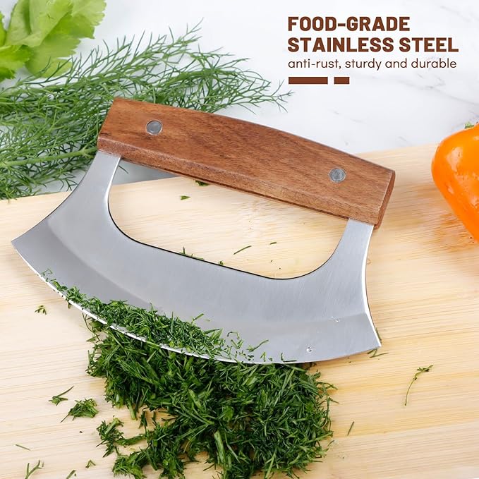 KAYCROWN Ulu Knife, Sharp Rocker Mezzaluna Knife with Wooden Stand, Alaskan Ulu for Pizza Cutter, Vegetable, Salad, Mezzaluna Chopper