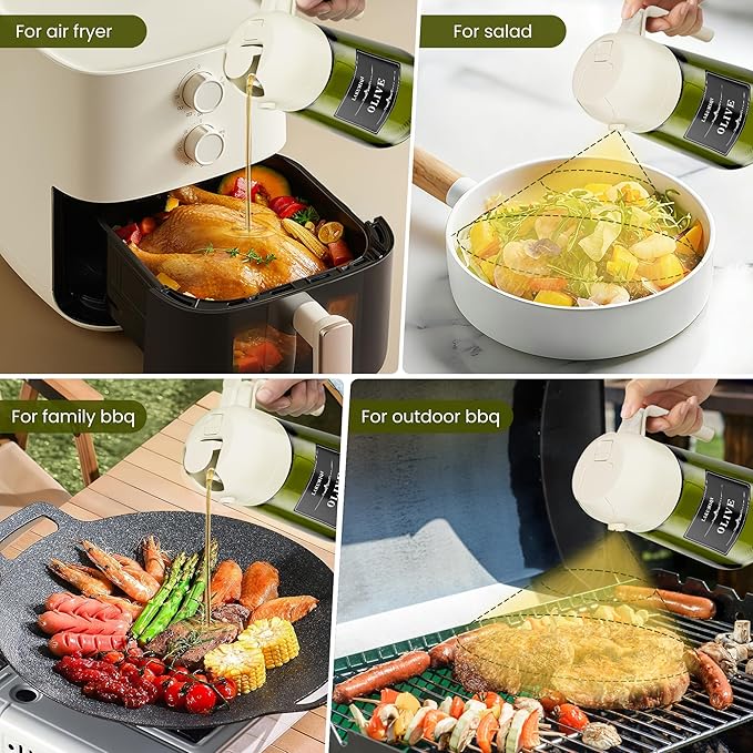 2 in 1 Oil Sprayer for Cooking, 16oz Olive Oil Dispenser Bottle for Kitchen, Food Grade Light-Blocking Leak Proof Glass Spray Bottle for Salad, Air Fryer, BBQ