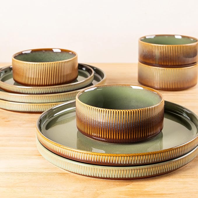 TheTerra Ceramic Dinnerware Sets for 8, 24 Pieces Porcelain Lightweight Plates and Bowls Sets, Scratch Resistant Dish Set, Oven & Microwave & Dishwasher Safe, Sage Umber