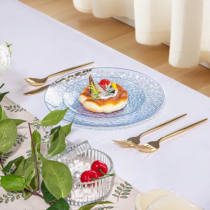 Rubtlamp 60Pcs Easter Plastic Blue Plates, Heavy Duty Disposable Plates, Blue Hammered Party Plate Include 30 Dinner Plate, 30 Dessert Platos, Fancy Disposable Platos For Spring