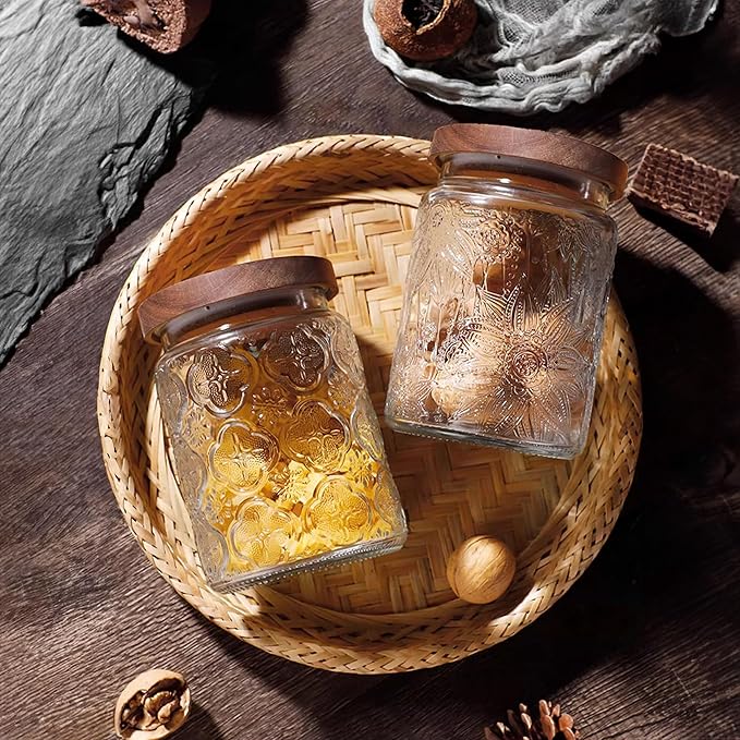 Glass Storage Jars With Airtight Lid, 23.7oz Container For Kitchen Counter with Wooden Lid, brown sugar, candy, coffee, cookie, salt, tea, cute Jar (Sunflower*2)