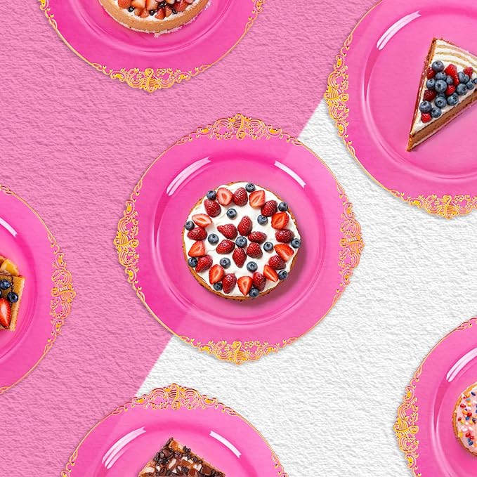 102PCS Clear Hot Pink Plastic Plates - Pink Disposable Plate with Gold Rim - Hot Pink Party Plates Easter Include 51PCS 7.5inch Dessert & 10.25inch Dinner Plate for Wedding Birthday Party